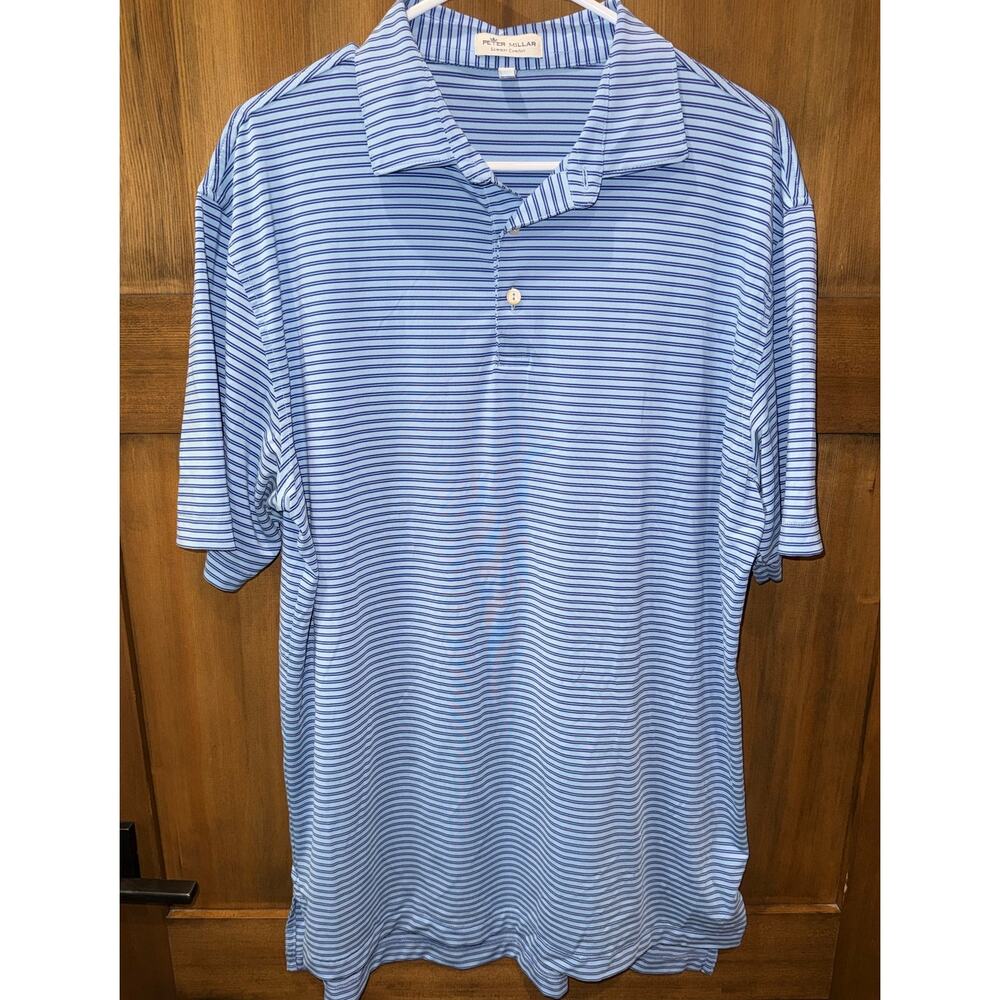 Peter Millar Southern Comfort Short Sleeve Polo Striped Blue Size Large (stains)